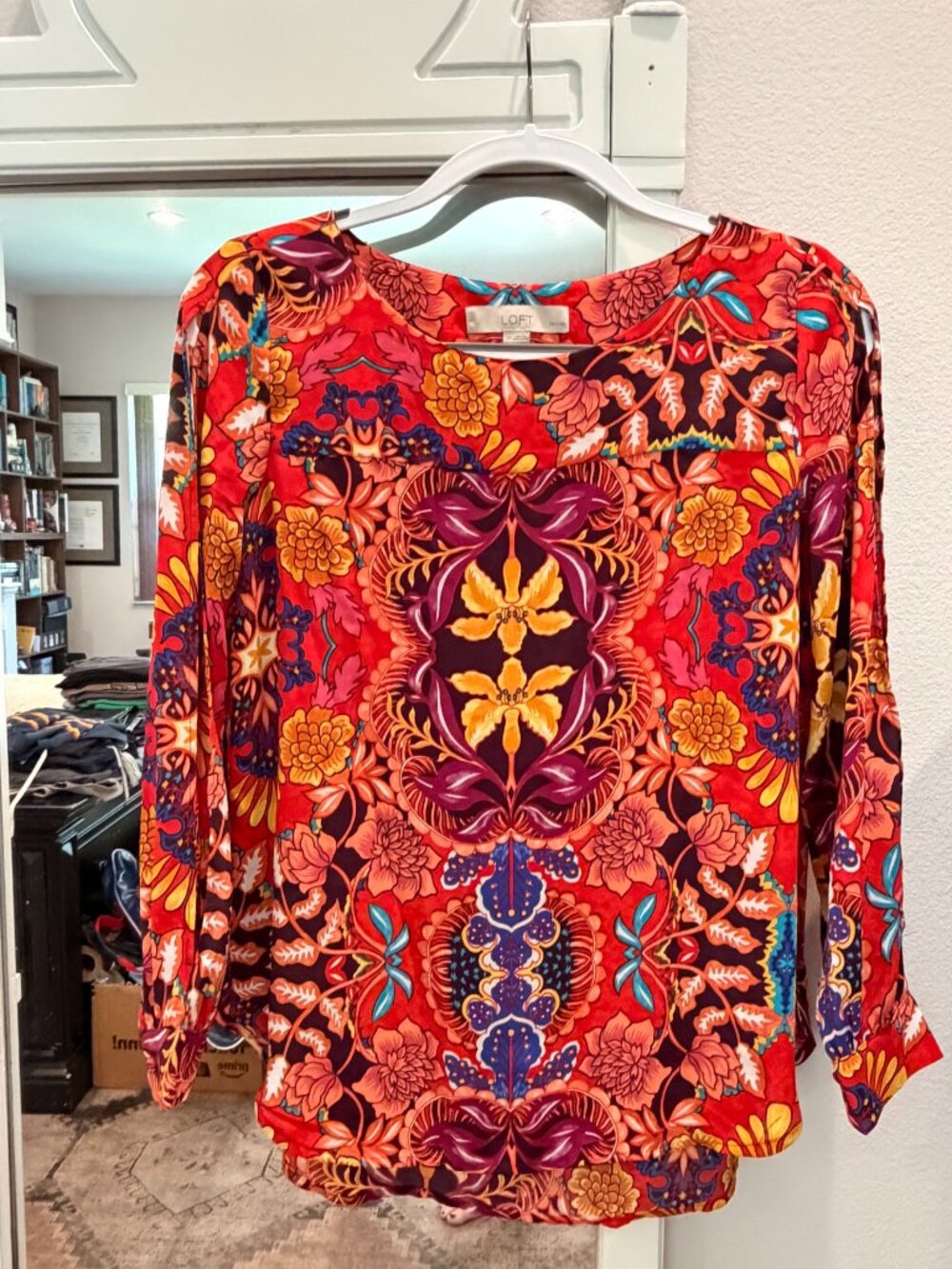 LOFT Petites Floral Boho Blouse Split Sleeve Multicolor Long Sleeve SP